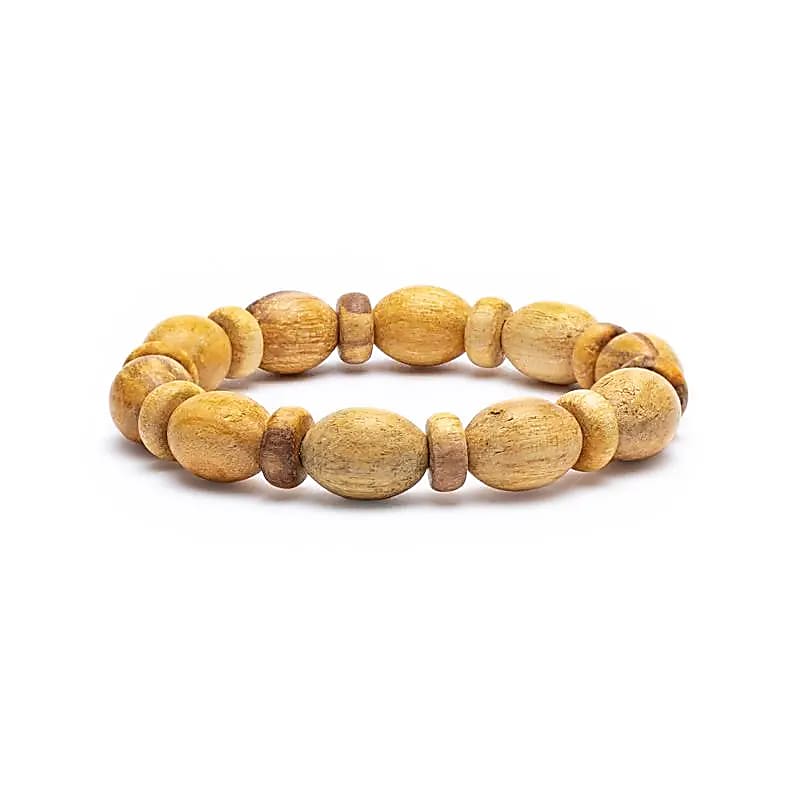 Elastiskt armband i Palo Santo med ovala och donutformade pärlor